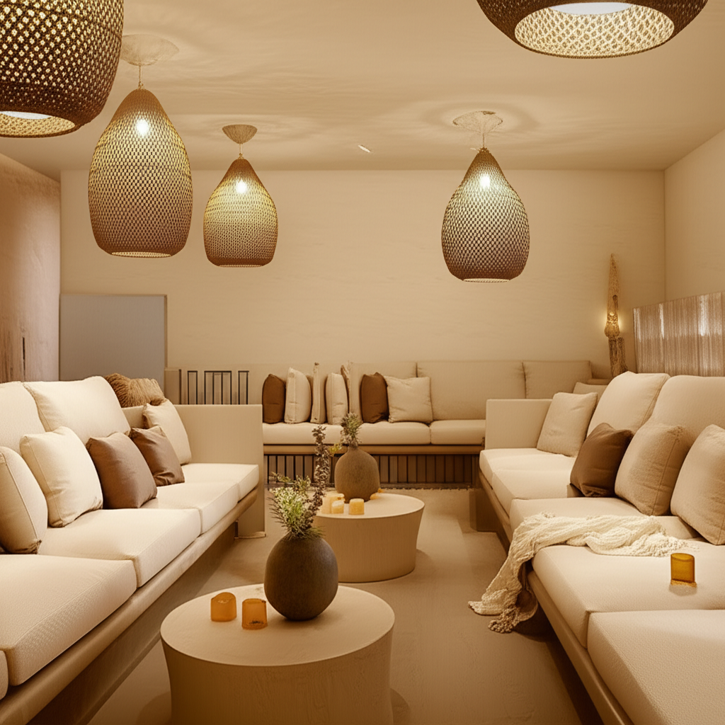 Cozy lounge interior with woven lighting and neutral seating